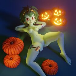 1girls 3d barefoot dochaunt24 green_hair green_skin hands_behind_head headband lying_on_back naked naked_female nipples nude nude_female pumpkin pussy red_eyes rottytops shantae shantae:_half-genie_hero small_breasts smiling smiling_at_viewer smooth_skin watermark wayforward zombie zombie_girl