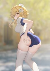 1girls ass blonde_hair blue_buruma blurry_background blush breasts buruma flower_in_hair genshin_impact gym_uniform hand_on_ass looking_at_viewer looking_back lumine_(genshin_impact) medium_breasts medium_hair saw272 shirt t-shirt thighhighs white_shirt yellow_eyes