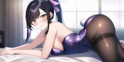 ai_generated black_hair bunnysuit embarrassed female female nai_diffusion orange_eyes pantyhose ponytail purple_ribbon saki_fuwa(tower_of_fantasy) stable_diffusion swept_bangs tower_of_fantasy