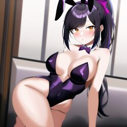 ai_generated black_hair bunnysuit embarrassed female nai_diffusion orange_eyes ponytail purple_ribbon saki_fuwa(tower_of_fantasy) stable_diffusion swept_bangs tower_of_fantasy