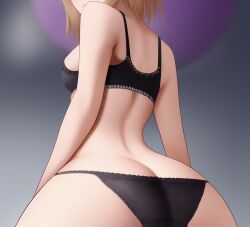 1girls ai_generated ass ass_cleavage ass_focus assofgoddess black_bra black_panties blonde_hair butt_crack female female_only looking_at_viewer original shiny_skin short_hair skinny small_breasts solo