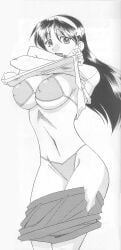 1girls 2003 athena_asamiya big_breasts bikini bow breasts busty cleavage clothes_lift female female_only hairbow highres king_of_fighters large_breasts legs lifted_by_self long_hair looking_at_viewer mokkouyou_bond monochrome navel shirt_lift skirt smile solo swimsuit thighs undressing voluptuous