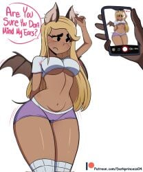 2022 animal_ears arm_behind_back bat_ears bat_wings black_eyes blonde_hair blush breasts cameltoe camera crop_top darkprincess04 english_text facial_markings fangs long_hair navel ni_(darkprincess04) one_arm_up original patreon_username phone recording shirt short_shorts shorts socks standing tagme text thick_thighs thighhighs thighs underboob wings