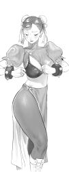 1girls big_breasts blush bra breasts breasts_out busty capcom chinese_clothes chun-li closed_eyes conto female female_only highres large_breasts legs monochrome pantyhose street_fighter thighs underwear