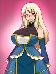 1girls blonde_hair blue_dress dress female female_focus female_only heart-shaped_pupils huge_breasts hypnosis large_breasts light-skinned_female looking_back mature_female milf mind_control nicchi_sangyou original original_character red_eyes smiling smiling_at_viewer