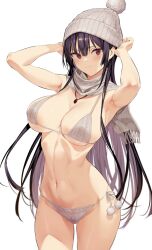 1girls armpits arms_up bangs beanie big_breasts bikini black_hair breasts closed_mouth cowboy_shot female female_focus female_only foreshortening gem grey_scarf hair_between_eyes haitekudasai_takamine-san hat hiiragi_yuuichi jewelry large_breasts light-skinned_female light_purple_hair light_skin light_smile long_hair looking_at_viewer multicolored_hair navel necklace only_female pendant pom_pom_(clothes) purple_hair red_eyes scarf shiny shiny_hair side-tie_bikini_bottom simple_background skindentation solo swimsuit takamine_takane thighs two-tone_hair underboob white_background