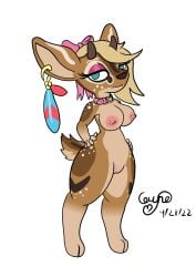 accessory antelope anthro blonde_hair bovid bow_ribbon brown_body brown_fur cervid ceryne_(artist) collar dik-dik female fur genitals hair hair_accessory hair_ribbon hairbow hi_res hooves mammal nipple_piercing nipples piercing pint_(ceryne) pussy ribbons short_stack shortstack solo true_antelope