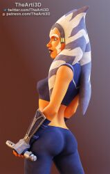 1girls 3d ahsoka_tano airress3d_(3d-modeller) alien alien_girl armor ass back big_lips blue_clothing blue_eyes clone_wars clothed clothed_female clothing crop_top eyes facial_markings female female_only fingerless_gloves fully_clothed gloves headband headgear holding_object holding_sword holding_weapon horn leggings lightsaber lightsaber_hilt lips long_gloves markings open_eyes orange_body orange_skin pants patreon rear_view shirt side_view signature simple_background skin_tight sleeveless small_breasts solo standing star_wars sword tentacle tentacle_hair the_clone_wars:_season_seven thearti3d tight_pants togruta twitter_username upper_body vambraces weapon