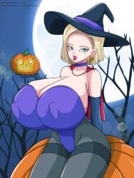 android_18 dragon_ball dragon_ball_z halloween halloween_2022 halloween_costume huge_breasts pumpkin toshiso witch_hat