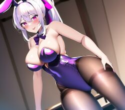 ai_generated alice_(tower_of_fantasy) bunnysuit female female nai_diffusion nude_female pink_eyes ponytail purple_ribbon stable_diffusion tower_of_fantasy white_hair