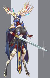 absurd_res anthro antlers armor big_breasts biped black_body blue_body blue_eyes blue_fur blue_nipples blue_pussy breasts cape chorsinnell39 clothing digital_media_(artwork) female fur generation_6_pokemon genitals greaves grey_background hi_res holding_object holding_sword holding_weapon horn legendary_pokemon melee_weapon nintendo nipples pokemon pokemon_(species) pussy simple_background solo sword unconvincing_armor video_games weapon xerneas