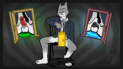 anthro bottomless bottomless_male chair chastity_cage chastity_device clothed clothing cum erection eye_bags fang feline genitals gradient_fur hi_res jackbox_games male mayonnaise_(jackbox) middle_aged paws pebblemakes penile_spines penis raised_eyebrow solo split_the_room the_jackbox_party_pack_5 unbuttoned_shirt