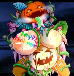 1girls belly_bulge breasts corruption female halloween hata_no_kokoro huge_breasts nipple_fucking parasite possession pumpkin pumpkin_head rindou_(p41neko) solo solo_female tongue tongue_out touhou transformation