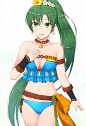 1girls alternate_costume belly_button bikini blue_bikini blue_swimsuit breasts fire_emblem fire_emblem:_the_blazing_blade fire_emblem_heroes flower green_eyes green_hair hair_flower light-skinned_female light_skin lyn_(fire_emblem) lyn_(summer)_(fire_emblem) midriff nintendo official_alternate_costume pazu_056 pazuzu438 ponytail swimsuit