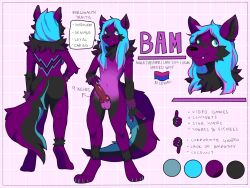 anthro bam bisexual blue_eyes blue_hair canid canine canis fur genitals girly hair hi_res long_hair male mammal model_sheet mortsy penis purple_body purple_fur solo wolf