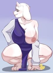 anthro ass big_breasts big_butt boss_monster bovid breasts caprine clothing clothing_aside female feral hi_res mammal presenting presenting_hindquarters saloo showing_paws showingoff sitting solo thick_thighs toriel torn_clothing undertale undertale_(series) video_games wide_hips