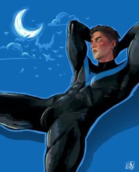 adaptabel armpits arms_behind_head bulge clothed dc dc_comics dick_grayson looking_at_viewer male male_only moon muscles muscular muscular_male nightwing superhero