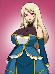 1girls blonde_hair blue_dress dress female female_focus female_only huge_breasts large_breasts light-skinned_female looking_back mature_female milf nicchi_sangyou original original_character red_eyes smiling smiling_at_viewer