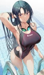 absurdres arm_behind_head arm_up armpits bangs bare_arms bare_shoulders belly belly_button big_breasts black_eyes black_hair blush blush_lines blushing_at_viewer breasts collarbone competition_swimsuit covered_navel day female female_focus female_only getting_out_of_pool goggles goggles_around_neck grin hand_in_own_hair hands_in_hair highres hiiragi_yuuichi holding large_breasts light-skinned_female light_skin long_hair looking_at_viewer multicolored_clothes multicolored_swimsuit one-piece_swimsuit only_female original parted_bangs pool pool_ladder smile solo solo_female solo_focus sparkle stomach swimsuit text_print thigh_gap thighs very_long_hair wading water wet wet_body wet_clothes wet_hair wet_swimsuit