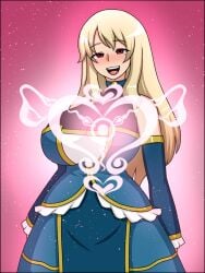 1girls blonde_hair blue_dress dress empty_eyes female female_focus female_only huge_breasts hypnosis large_breasts light-skinned_female looking_back mature_female milf mind_control nicchi_sangyou original original_character red_eyes smiling smiling_at_viewer spell