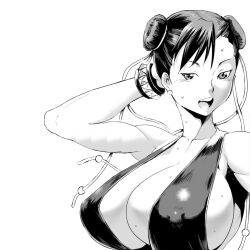 1girls alternate_costume arm_behind_head armpit_peek big_breasts breasts busty capcom chinese_clothes chun-li cleavage covered_erect_nipples double_bun dress female female_only hair_bun highres large_breasts mature_female monochrome noq official_alternate_costume open_mouth revealing_clothes shimotsuki_juugo sideboob solo standing street_fighter street_fighter_iv sweat toned voluptuous