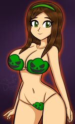 1girls big_breasts bikini brown_hair busty cleavage female female_only green_bikini green_eyes hair_bow halloween large_breasts legs looking_at_viewer navel original smile solo thesilentdrawer thighs voluptuous