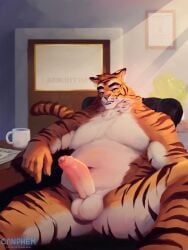 anthro balls belly big_balls big_belly big_penis black_stripes canphem chair chubby_male detailed_background digital_media_(artwork) erection felid foreskin fur furniture genitals heavy_balls hi_res huge_balls huge_cock humanoid_genitalia humanoid_penis leg_markings looking_at_viewer male mammal markings nude office office_chair on_chair orange_body orange_fur overweight overweight_male pantherine partially_retracted_foreskin pecs penis pinup pose raised_leg sitting sitting_on_chair slightly_chubby smile smirk smirking_at_viewer solo spread_legs spreading stripes thick_thighs tiger white_body white_fur