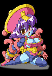 blue_skin blush breasts cameltoe clothing darkstalkers hirose_tsunami hsien_ko jiangshi large_breasts lei-lei lei_lei nipples one-piece_swimsuit stockings swimsuit tentacle torn_clothes