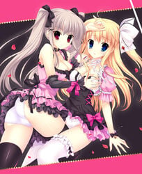 ahoge artist_request ass bare_shoulders black_legwear blonde_hair blue_eyes bow bracelet breast_grab breasts cleavage collar copyright_request cross dress female garters hair_ornament hairbow hand_on_shoulder highres jewelry long_hair mitha multiple_girls open_mouth panties pantyshot petals pink_eyes red_eyes ribbon silver_hair smile thighhighs tied_hair twintails underwear white_hair white_legwear yuri