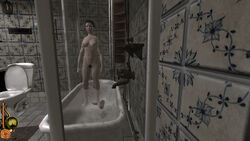 1girls bathroom bathtub breasts carpet faucet female female_only hair_dryer health_bar lucius nude nude_female pubic_hair tile_floor tile_walls tiles toilet video_game