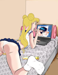 1girls ami_mizuno ass bishoujo_senshi_sailor_moon blonde_hair blue_eyes clothing computer dildo double_bun electronics eyeball_(artist) female female_only human laptop long_hair panties pubic_hair pussy pussy_juice school_uniform sex_toy skirt tagme uniform usagi_tsukino