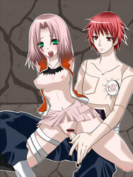 blush bound_hands bound_wrists breasts female from_behind human kitami_mika male naruto sakura_haruno sasori sex straight torn_clothes