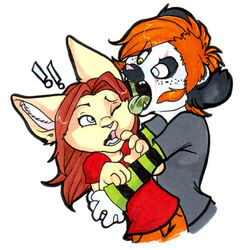 eye_contact feline female hair heterochromia holly_massey lemur licking long_hair looking_at_another mouth one_closed_eye open_mouth orange_hair pants red_hair shirt short_hair tongue zeriara_(character)