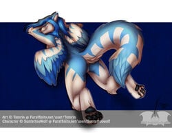 2013 abstract_background anthro anus ass blue_hair canine female from_behind fur furry hair hindpaw lying nude paws pinup presenting presenting_hindquarters pussy solo tala_(suntattoowolf) temrin tongue wings wolf