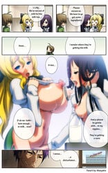 adjusting_hair ahoge black_eyes black_hair blind blonde_hair blue_eyes bottle breasts breasts_out brown_hair cardiac_arrest chin_stroking comic english female fingering hair_ribbon highres huge_breasts huge_nipples ikezawa_hanako imagining katawa_shoujo lactation long_hair manyakis milk_bottle milking_machine multiple_females nakai_hisao nipples nurse_(katawa_shoujo) ponytail puffy_sleeves purple_eyes purple_hair satou_lilly school_uniform shirt_lift short_hair so_moe_i'm_gonna_die! straight_hair tied_hair wavy_hair yuri