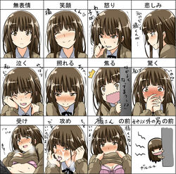 1girls amagami blush bra brown_hair chart chibi cum expressions facial female happy kamizaki_risa lingerie open_mouth partially_translated shirt_lift shouji_nigou sweater translated translation_request underwear