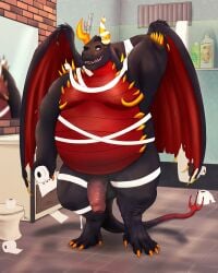 2022 anthro balls bathroom belly big_belly black_body detailed_background dragon genitals halloween halloween_costume hi_res holidays inside male moobs overweight overweight_male penis red_body sato_afroleone solo wings