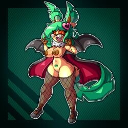 . 2022 absurd_res accessory anthro areola bat_wings big_breasts blush breasts brown_areola brown_nipples brown_sclera cape chiropteran claws clothing digital_media_(artwork) eeveelution eyewear fangs female fishnet fishnet_clothing fishnet_legwear fur generation_4_pokemon genitals glasses green_hair hair hair_accessory halloween halloween_costume happy hi_res holidays leafeon legwear mammal membrane_(anatomy) membranous_wings mintyspirit neck_tuft nerd nintendo nipples open_mouth plant pokemon pokemon_(species) pubes pussy red_eyes smile solo sunnyleafeon_(mintyspirit) thick_thighs tuft vampire vampire_costume video_games wide_hips wings yellow_body yellow_fur