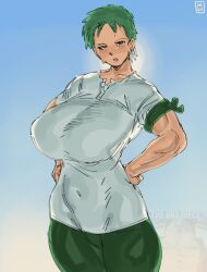 1girls big_ass female female_only genderswap_(mtf) huge_breasts khentaiu khentart navel one_piece roronoa_zoro rule_63 short_hair shounen_jump