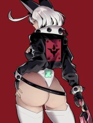 big_ass elphelt_valentine female guilty_gear guilty_gear_xrd gun hand_on_ass jacket looking_back red_background skullworms spiked_bracelet standing teal_eyes thighhighs white_hair