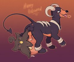 . ambiguous_gender balls canid canine duo feral feralsoren fluffy_balls generation_2_pokemon generation_6_pokemon genitals halloween holidays houndoom knot male mammal nintendo pokemon pokemon_(species) pumpkaboo pumpkin_sex video_games