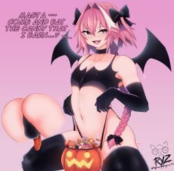 1boy ass astolfo_(fate) balls big_ass black_socks blush bubble_butt choker dat_ass english_text fate_(series) femboy girly halloween inviting penis pink_eyes presenting pumpkin ryz_ryz socks solo_male text thigh_socks thighhighs trap yaoi