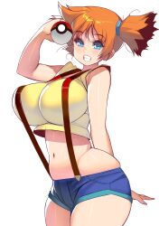 alternative_bust_size aqua_eyes asymmetrical_hair bare_arms bare_legs bare_shoulders blue_eyes blush breasts clothing cowboy_shot curvaceous denim denim_shorts female female_only game_freak gym_leader hair_between_eyes high_resolution holding holding_object holding_poke_ball huge_breasts human_only kasumi_(pokemon) large_breasts legs looking_at_viewer masao nintendo open_mouth orange_hair poke_ball pokemon pokemon_(anime) pokemon_(classic_anime) pokemon_(game) pokemon_rgby ponytail shiny shiny_hair shiny_skin shirt short_hair short_ponytail short_shorts shorts side_ponytail sideboob simple_background sleeveless sleeveless_shirt smile solo suspenders tank_top thighs tied_hair underwear very_high_resolution wide_hips yellow_shirt