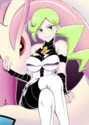 big_breasts breasts creatures_(company) female game_freak green_hair highres ihara_shigekatsu latex_suit long_hair looking_at_viewer milotic mitsumi_(pokemon) nintendo png pokemon pokemon_(game) pokemon_dp_(manga) pokemon_dpa pokemon_dppt ponytail solo tagme team_galactic team_galactic_uniform thick_thighs thighs voluptuous wide_hips