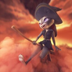 absurd_res anthro broom cleaning_tool clothing disney fantasy feet female flying genitals halloween hat headgear headwear hi_res holidays judy_hopps lagomorph leporid magic_user mammal no_panties open_mouth pussy rabbit rabbitholes skirt solo toes wardrobe_malfunction witch witch_hat zootopia