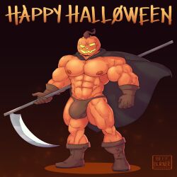 1:1 5_fingers abs areola beefburner boots brown_boots brown_cape brown_clothing brown_footwear brown_gloves brown_handwear brown_underwear bulge cape clothing detailed_bulge english_text eye_scar facial_scar fingers flaccid footwear gloves halloween handwear hi_res holding_scythe holidays humanoid jack-o'-lantern male male_only melee_weapon muscular muscular_humanoid muscular_male nipples pecs polearm pumpkin_head pumpkin_head_(character) scar scythe solo solo_male text underwear weapon