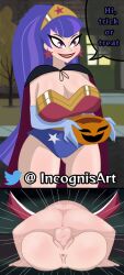 1boy 1girls 2022 alternate_breast_size anus big_breasts breasts cartoon_network clothed_female_nude_male dc dc_comics dc_super_hero_girls english_text femsub halloween huge_breasts incognis instant_loss instant_loss_2koma jack-o'-lantern john_constantine large_breasts light-skinned_female light-skinned_male light_skin maledom mating_press nude_male partial_male purple_eyes purple_hair pussy sex star_earrings straight trick_or_treat trick_or_treatment vaginal_penetration warner_brothers wonder_woman_(cosplay) zatanna zee_zatara