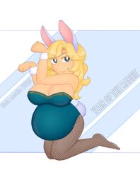 animal_ears animal_tail big_belly blonde_hair bunny_ears bunny_girl bunny_tail bunnysuit curly_hair fishnets kemonomimi large_breasts long_hair looking_at_viewer nekomatic on_knees pregnant ready_to_pop