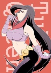 big_ass big_breasts black_hair breasts creatures_(company) female fortunia_(pokémon) game_freak gloves green_hair highres ihara_shigekatsu long_hair looking_at_viewer lucy_(pokemon) midriff multicolored_hair navel nintendo pokémon pokeball pokemon pokemon_(game) pokemon_dpa pokemon_rse red_eyes red_hair solo tagme thick_thighs thighs wide_hips