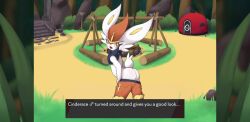 . ass balls blush cinderace fur generation_8_pokemon genitals hi_res looking_at_viewer male male_cinderace naika nintendo pocket_campfire pokemon pokemon_(species) raised_tail red_eyes solo text video_games